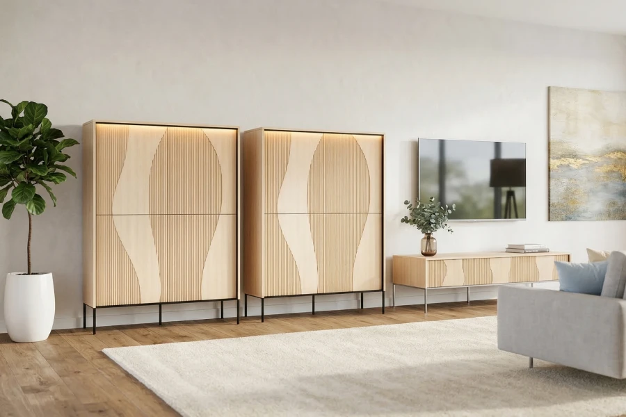Zwei Highboards aus hellem Holz mit LED-Beleuchtung und strukturierter Front in Riffeloptik.