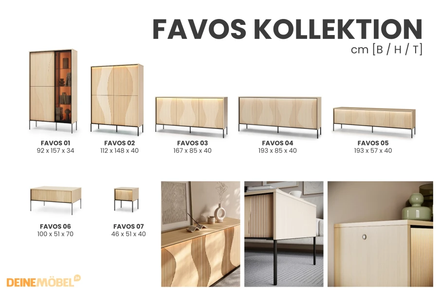 Übersicht der FAVOS Design-Möbelserie mit Maßen für Sideboards, Vitrinen und Couchtische.