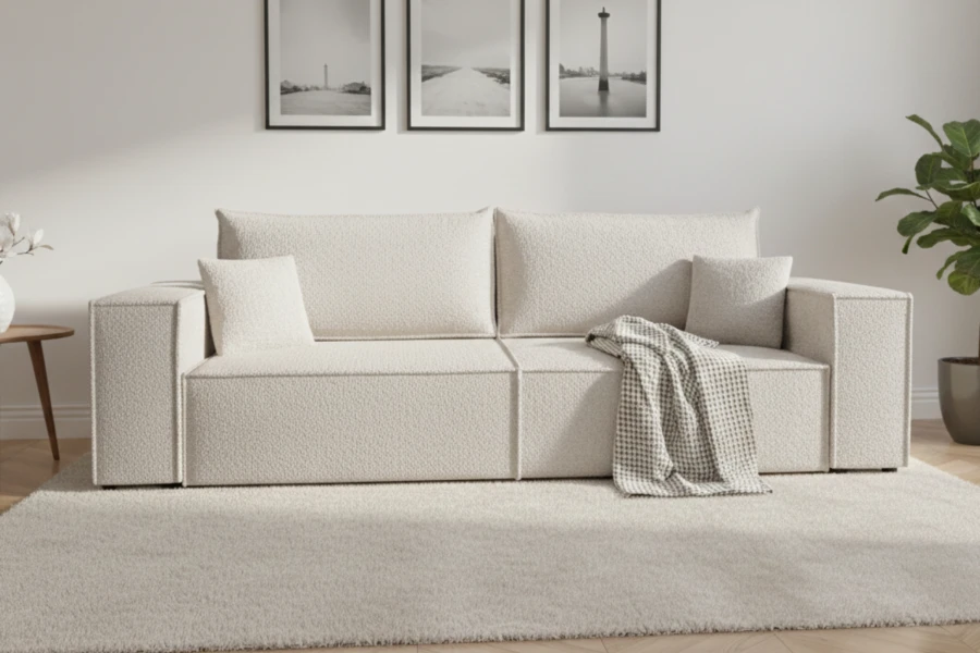 Elegantes helles Polstersofa in einem minimalistisch eingerichteten Wohnzimmer.