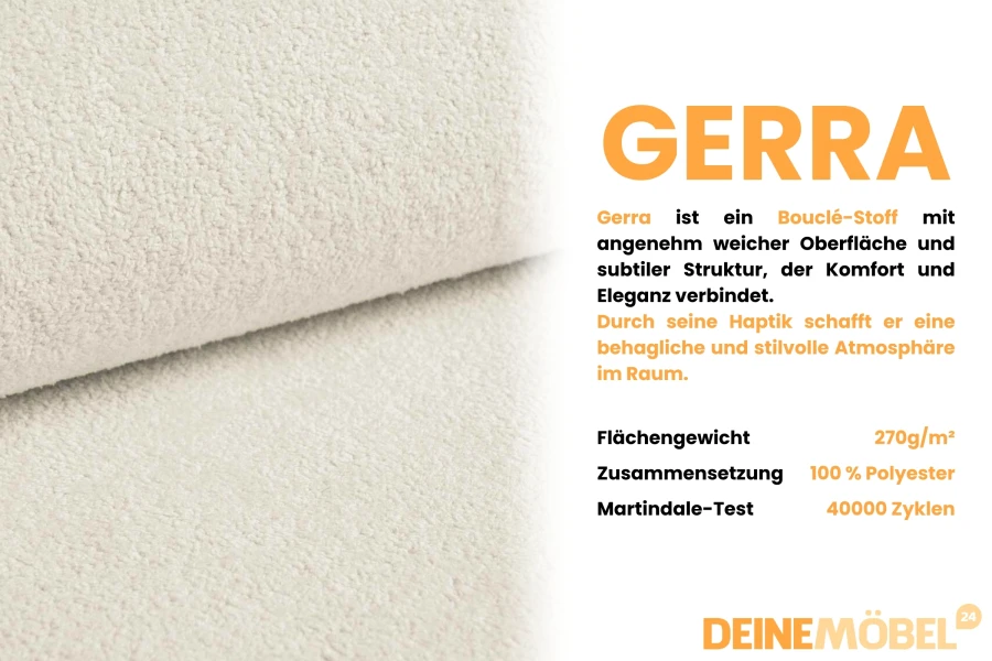Nahaufnahme des GERRA Bouclé-Stoffs in Creme mit technischen Details zur Materialzusammensetzung.