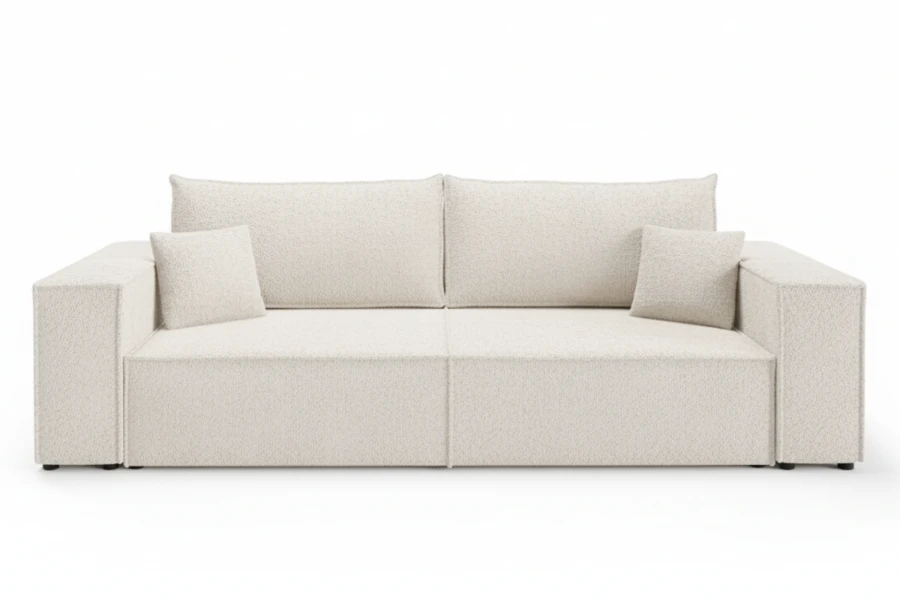 Modernes weißes Polstersofa mit weichem Bouclé-Bezug auf weißem Hintergrund.