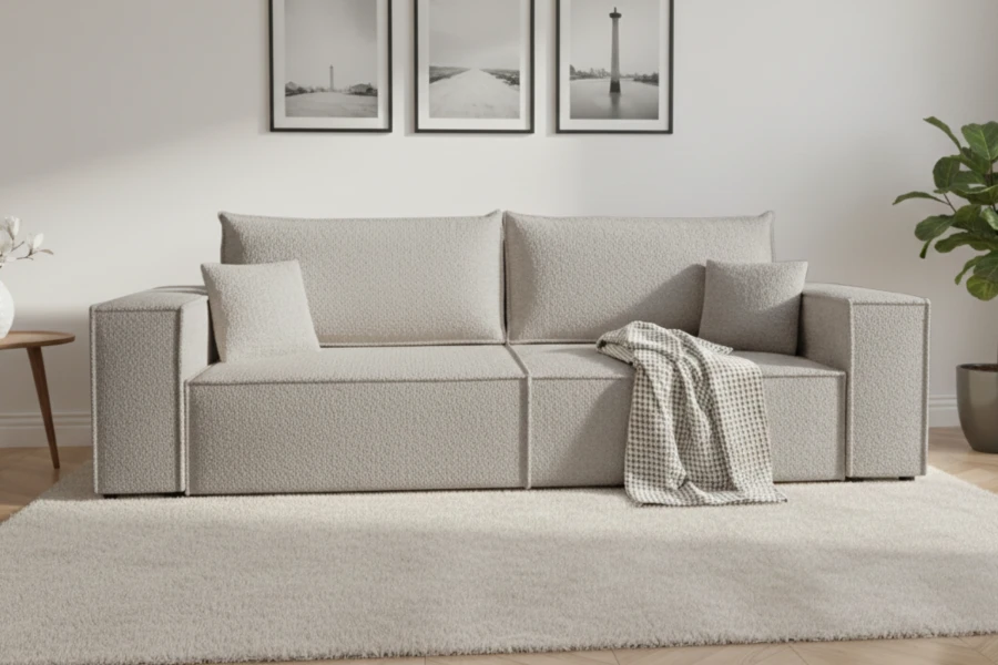 Modernes beiges Bouclé-Sofa in einem hell eingerichteten Wohnzimmer
