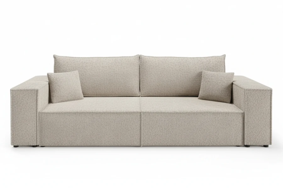 Modernes hellgraues Sofa mit strukturierter Textur vor weißem Hintergrund.