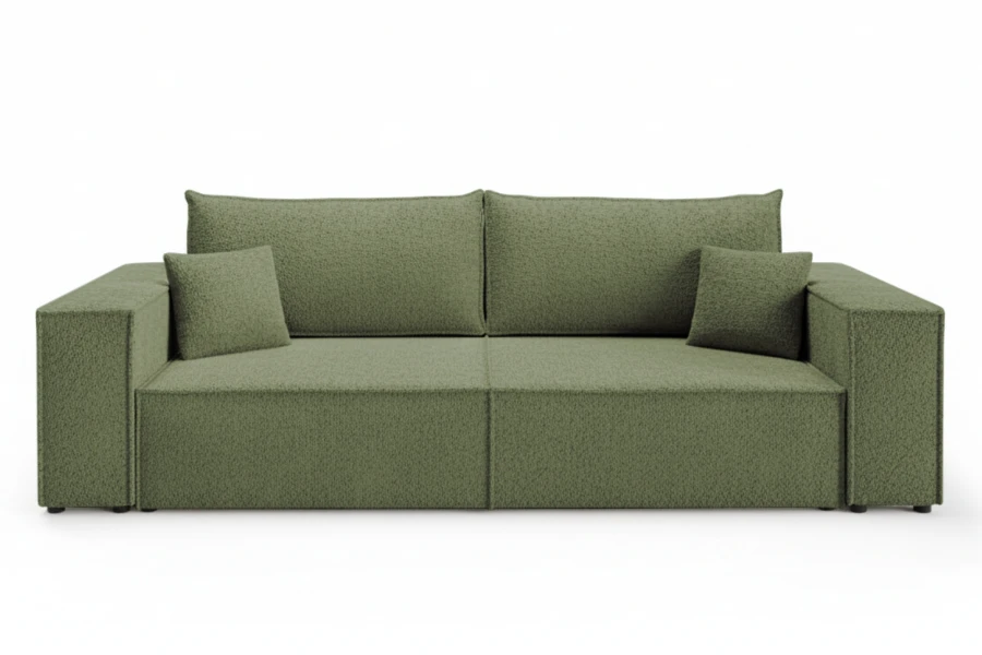Modernes minimalistisches Sofa in Olivgrün vor neutralem weißem Hintergrund.