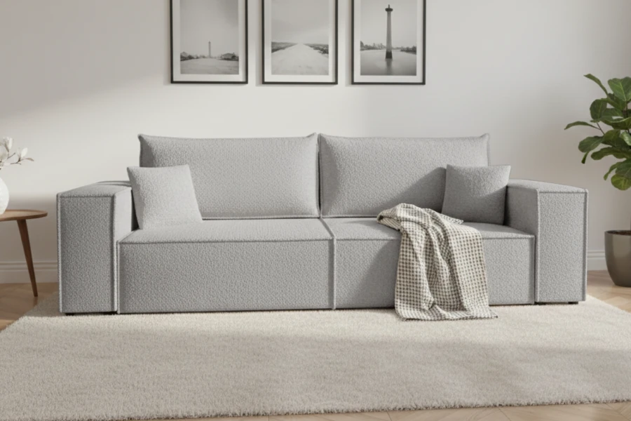 Helles, strukturiertes Sofa in einem stilvollen Wohnzimmer-Ambiente.