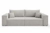 Modernes hellgraues Sofa mit klaren Linien und zwei Kissen vor weißem Hintergrund.