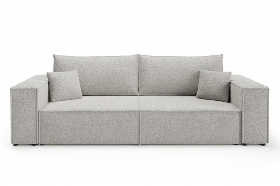Modernes hellgraues Sofa mit klaren Linien und zwei Kissen vor weißem Hintergrund.