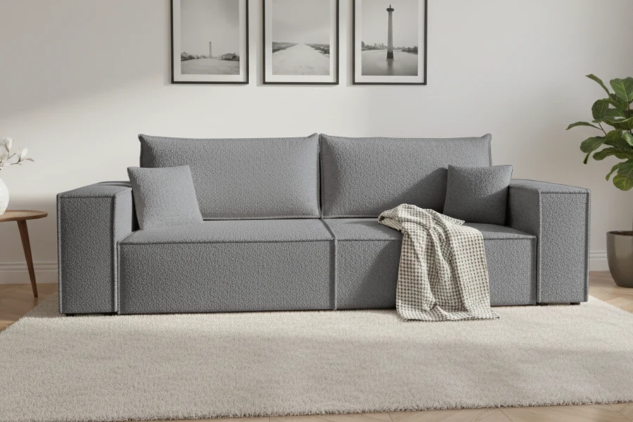 Stilvolles graues Sofa im Wohnzimmer mit Teppich und Wandbildern.