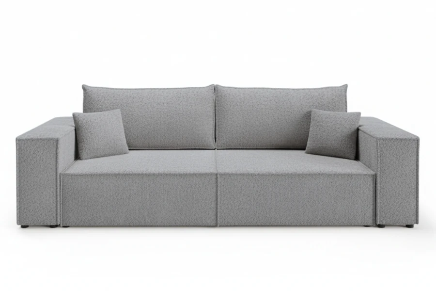 Minimalistisches silbergraues Sofa in Frontansicht auf weißem Grund.