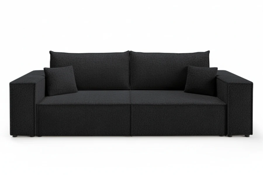 Frontansicht eines schwarzen 3-Sitzer Sofas vor weißem Hintergrund.