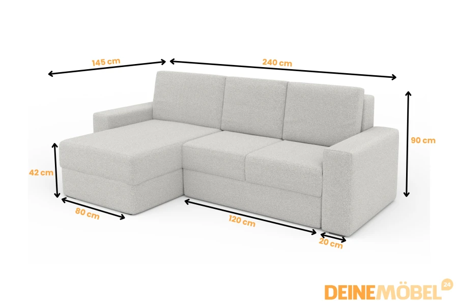 Abmessungen eines cremefarbenen Ecksofas mit 240 cm Breite und 145 cm Tiefe.