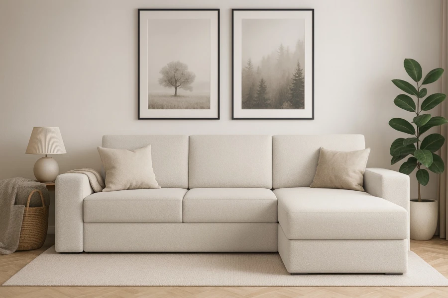 Modernes cremefarbenes Ecksofa in stilvoll eingerichtetem Wohnzimmer mit Wandbildern.
