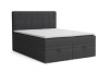Dunkelgraues Boxspringbett mit integriertem Bettkasten und Topper.