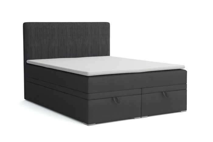 Dunkelgraues Boxspringbett mit integriertem Bettkasten und Topper.