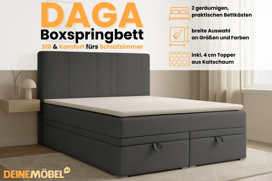 Infografik zum DAGA Boxspringbett mit Details zu Bettkasten und Komfort.