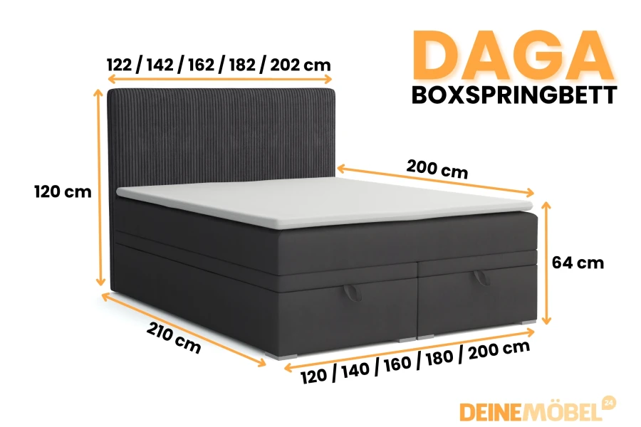 DAGA Boxspringbett Maße: 120-202 cm Breite, 210 cm Länge, 120 cm Höhe, Anthrazit Cord-Stoff.