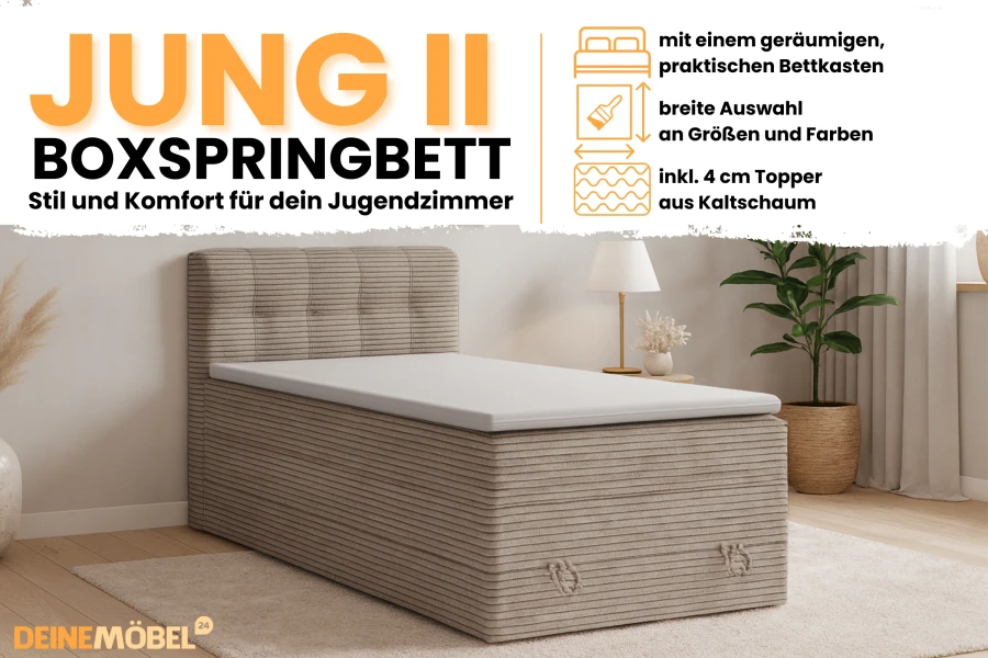 Infografik zum JUNG II Boxspringbett für das Jugendzimmer mit Details zu Bettkasten und Kaltschaum-Topper.