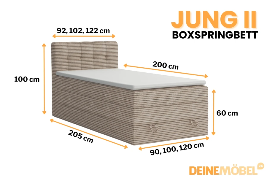 Abmessungen und Maße des Jung II Boxspringbetts in verschiedenen Breiten.