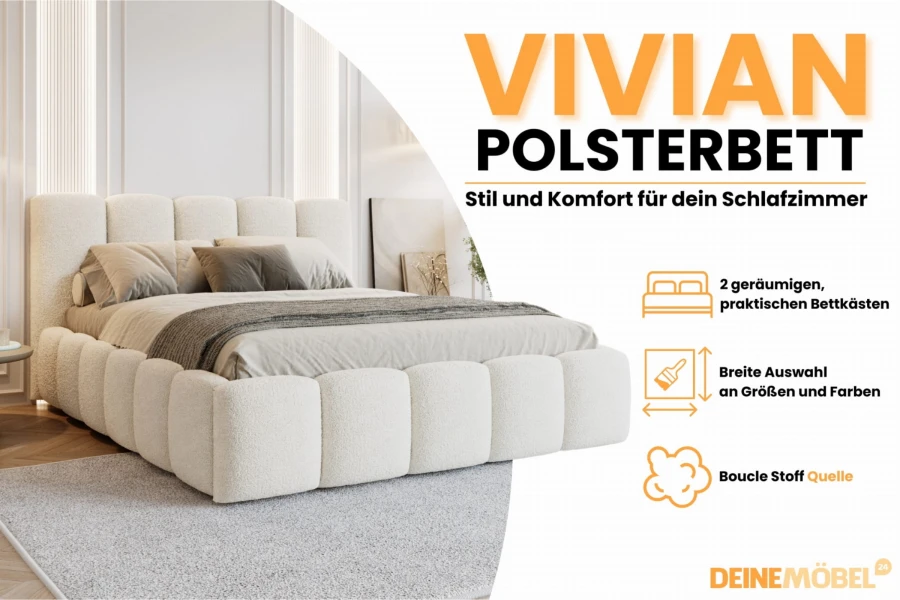 Produktvorteile des Polsterbetts Vivian: Bettkästen, Bouclé-Stoff und Farbauswahl im Überblick.