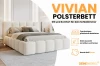 Infografik zum Vivian Polsterbett mit Details zu Bettkästen, Größenwahl und Bouclé-Stoff Quelle.