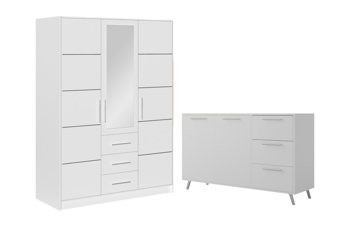 Weißes Schlafzimmermöbel-Set bestehend aus Kleiderschrank mit Spiegel und Sideboard.