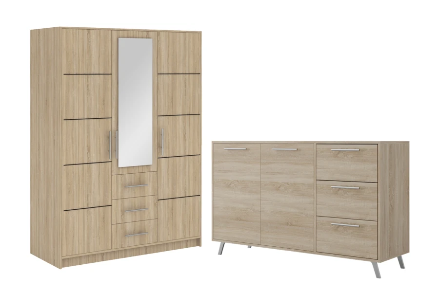 Möbelset in hellen Holztönen mit dreitürigem Kleiderschrank und breiter Kommode.