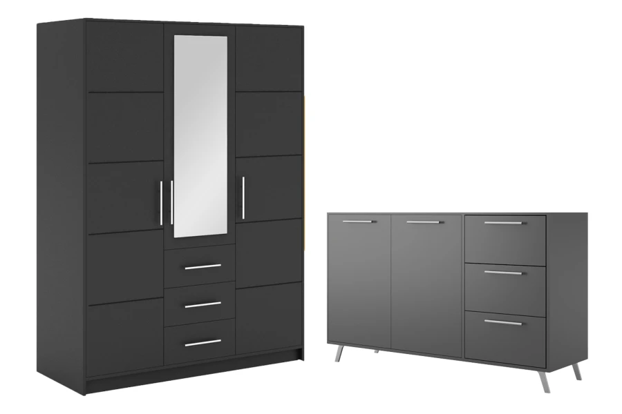 Modernes Möbelset in Anthrazit mit großem Spiegelschrank und passendem Sideboard.