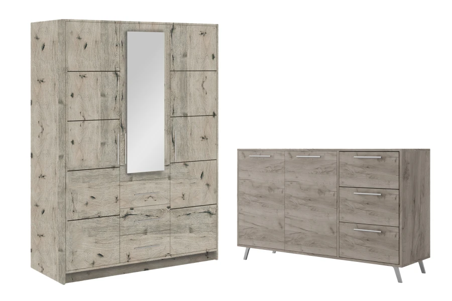 Rustikales Schlafzimmer-Set in markanter Holzoptik mit Kleiderschrank und Kommode.