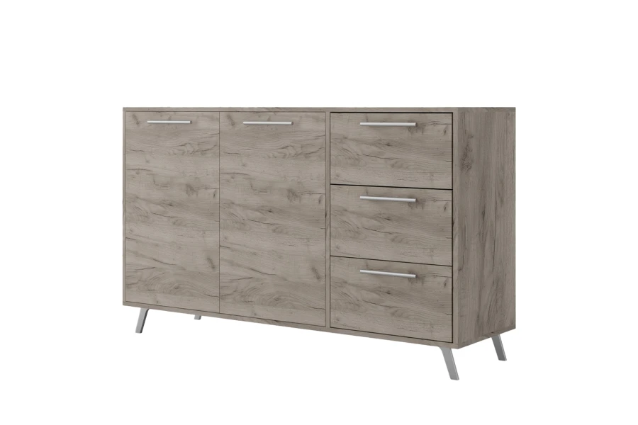 Rustikales Sideboard in dunkler Eichenoptik mit zwei Türen, drei Schubladen und schmalen Metallfüßen.