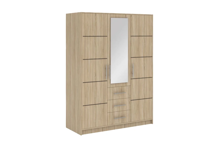 3-türiger Kleiderschrank in Eiche-Optik mit Spiegel und drei Schubladen.