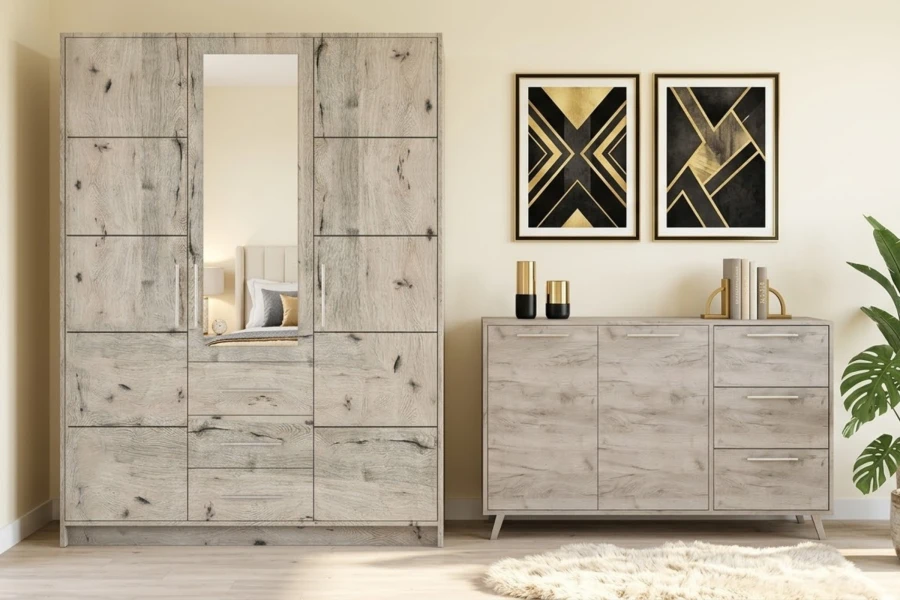 Möbel-Set in rustikaler Eiche-Optik mit Kleiderschrank, Spiegeltür und großem Sideboard.