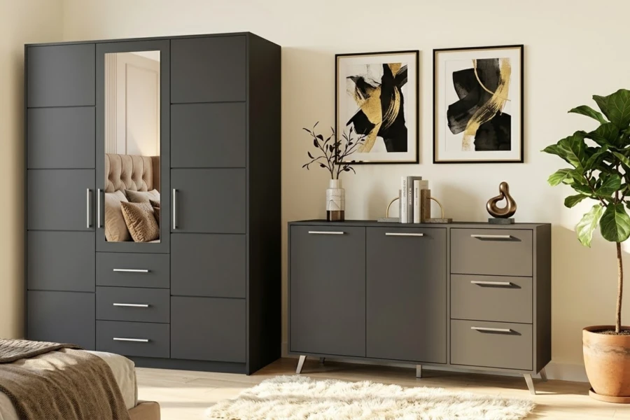 Stilvolles Schlafzimmer-Set in Anthrazit bestehend aus Kleiderschrank und Kommode.
