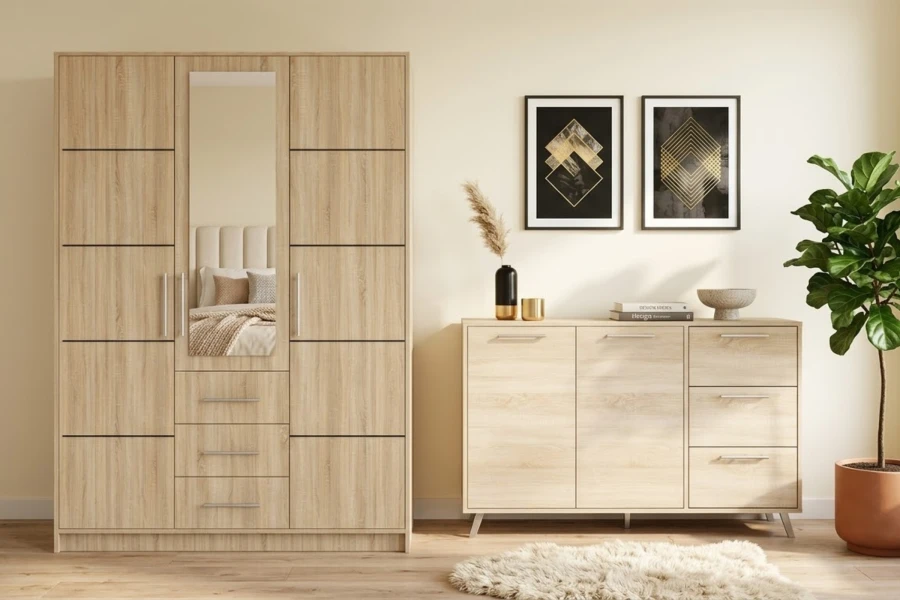 Modernes Möbel-Set in heller Sonoma-Eiche Optik mit Spiegel-Kleiderschrank.
