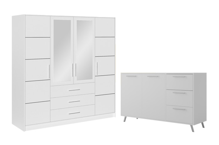 Weißes Schlafzimmer-Set: Großer Kleiderschrank mit Spiegeln und passendes Sideboard.