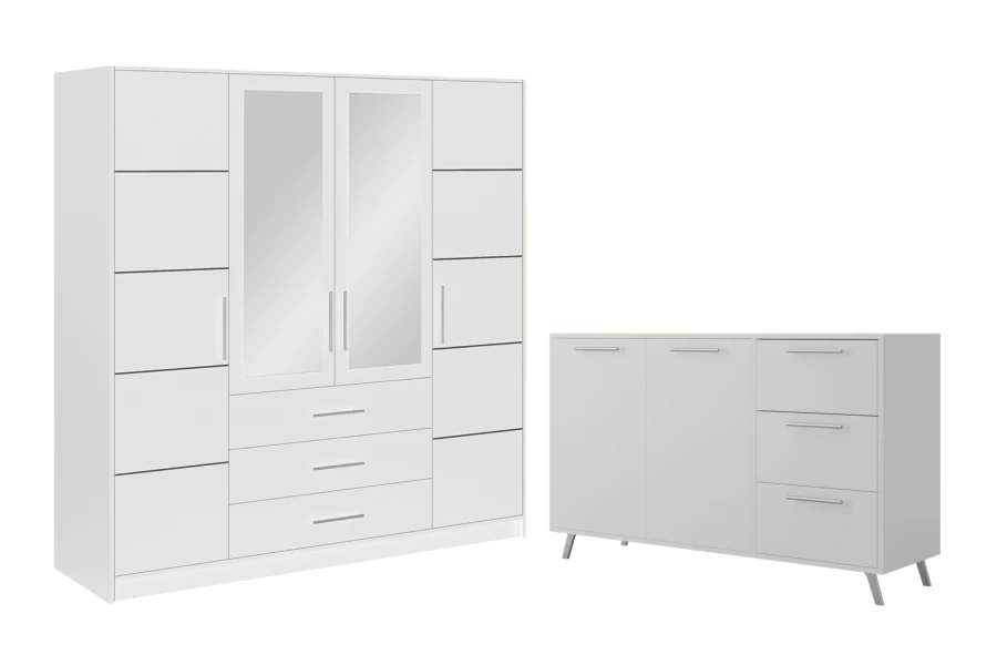 Weißes Schlafzimmer-Set: Großer Kleiderschrank mit Spiegeln und passendes Sideboard.