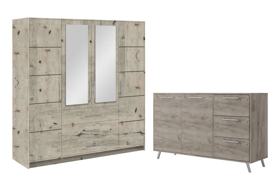 Schlafzimmer-Möbelset in rustikaler Eiche-Optik mit Spiegelschrank und Kommode.