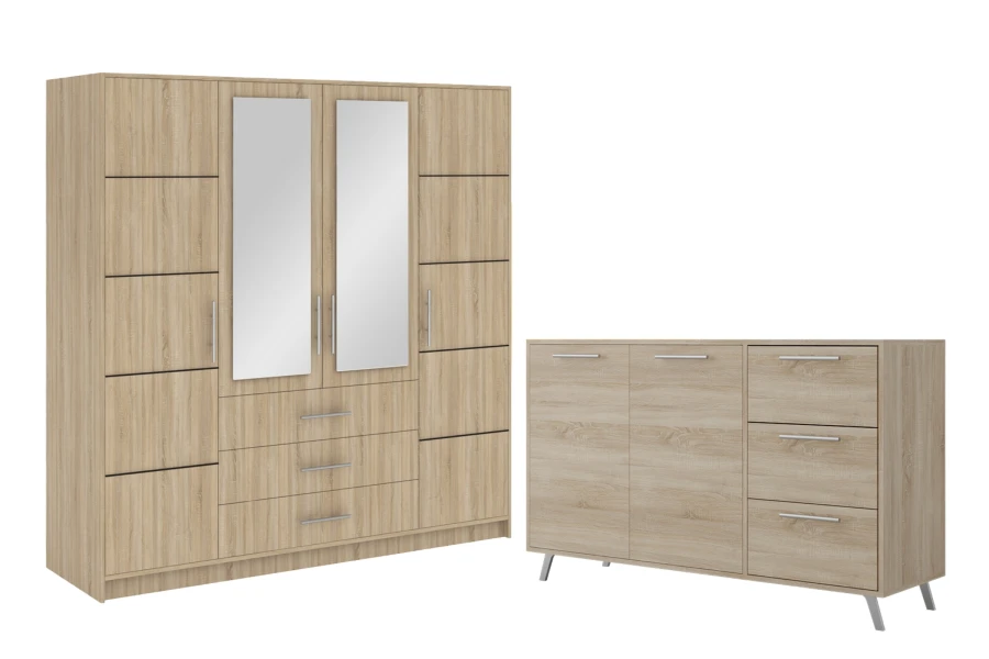 Modernes Schlafzimmer-Set in Eiche Hell mit großem Spiegelschrank und Sideboard.