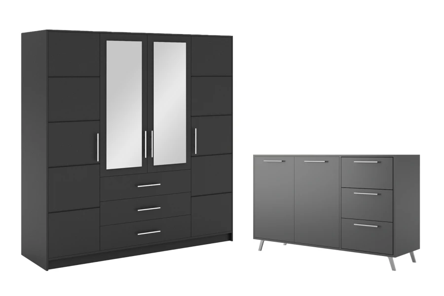 Anthrazitfarbenes Schlafzimmer-Möbelset: Kleiderschrank mit Spiegeln und Kommode.