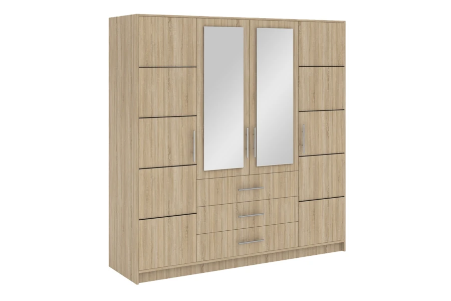 Großer Kleiderschrank in Eiche-Optik mit Spiegeltüren und drei Schubladen.