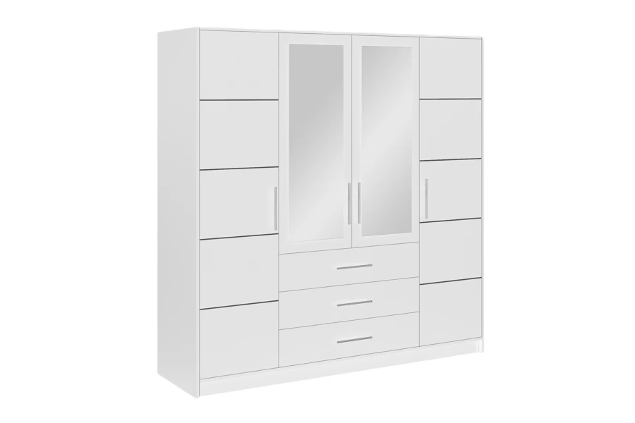Moderner Kleiderschrank in Weiß mit Spiegeltüren und drei Schubladen.