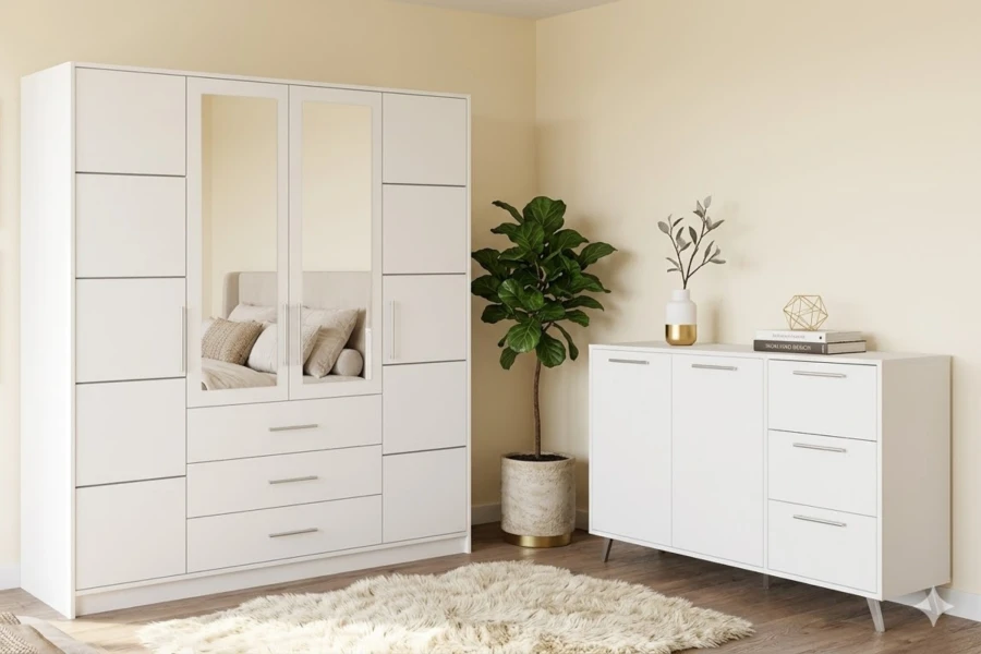 Modernes weißes Schlafzimmer-Set mit Spiegelschrank und Kommode.