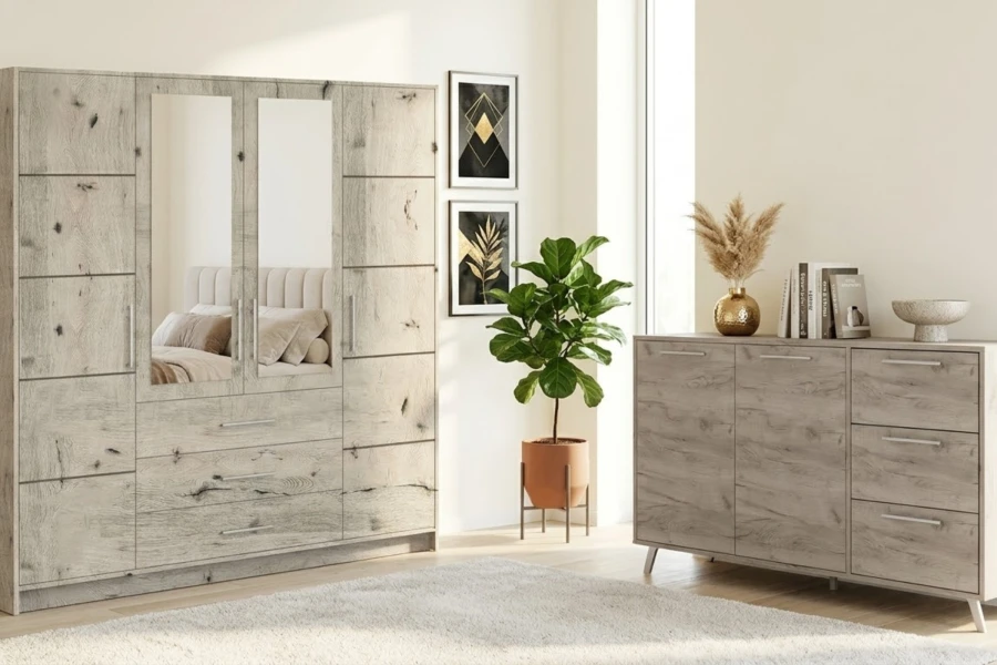 Schlafzimmermöbel Set in heller Holzoptik mit großem Kleiderschrank.
