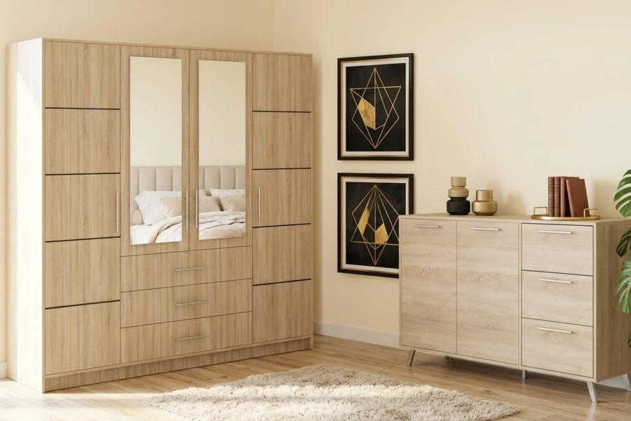 Schlafzimmermöbel-Set in Eiche-Optik mit großem Spiegelschrank und Sideboard für viel Stauraum.