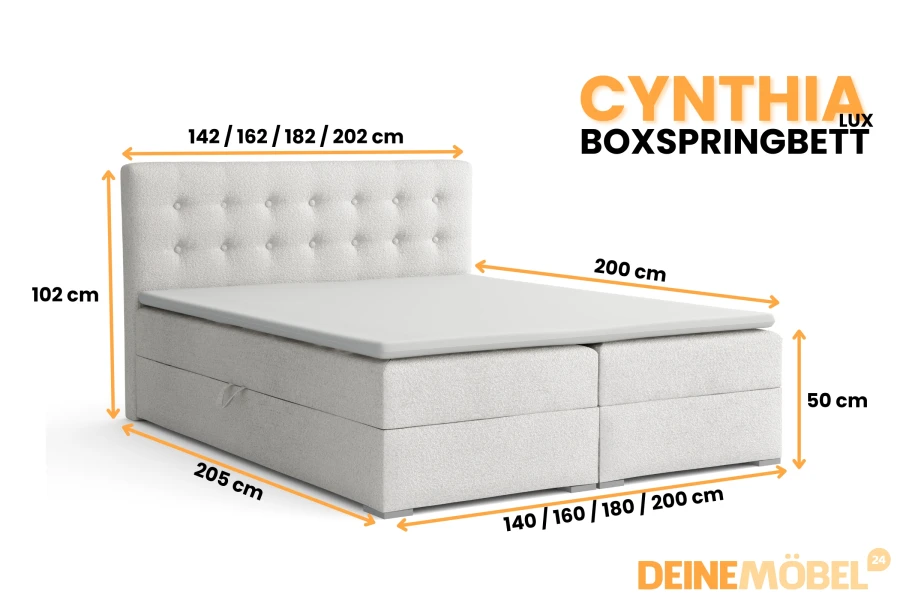 Technische Zeichnung mit Maßen für das Boxspringbett Cynthia Lux von Deinemöbel24.