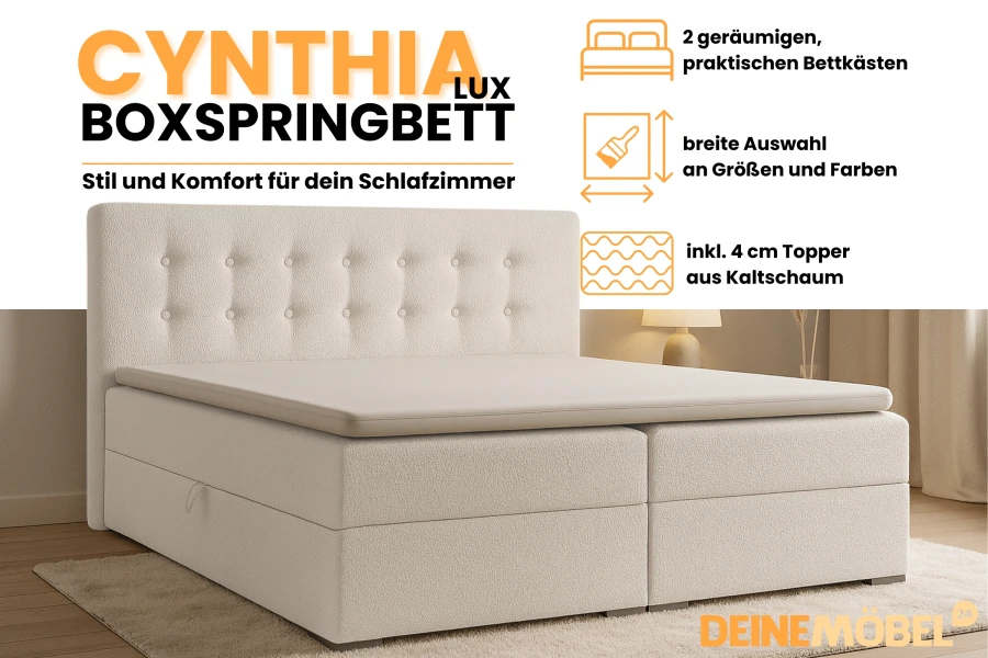 Cynthia Lux Boxspringbett mit Bettkasten und Kaltschaum-Topper in hellem Bouclé-Stoff für das Schlafzimmer.