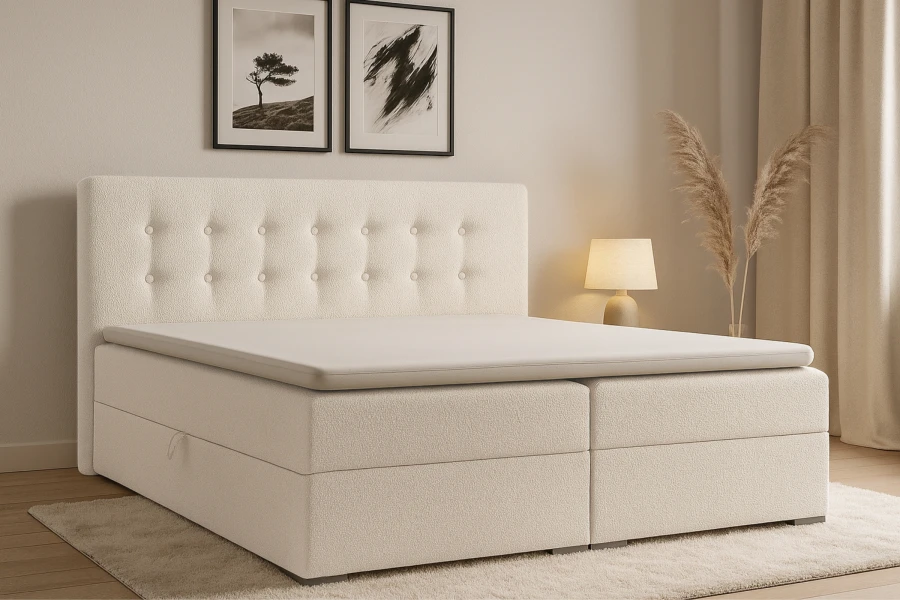 Gemütliches Schlafzimmer mit dem Cynthia Lux Boxspringbett in hellem Bouclé-Stoff und stilvoller Dekoration.