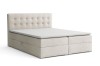Beiges Boxspringbett aus Bouclé-Stoff mit gestepptem Kopfteil auf weißem Grund.