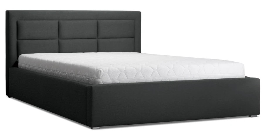 Modernes Polsterdoppelbett in Grau mit komfortabler weißer Matratze.