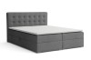 Graues Boxspringbett mit Knopfheftung am Kopfteil vor weißem Hintergrund.