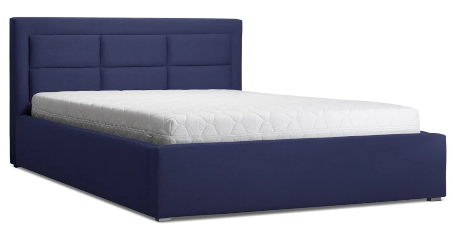 Modernes Polsterbett in Blau mit weißer Matratze und gestepptem Kopfteil.